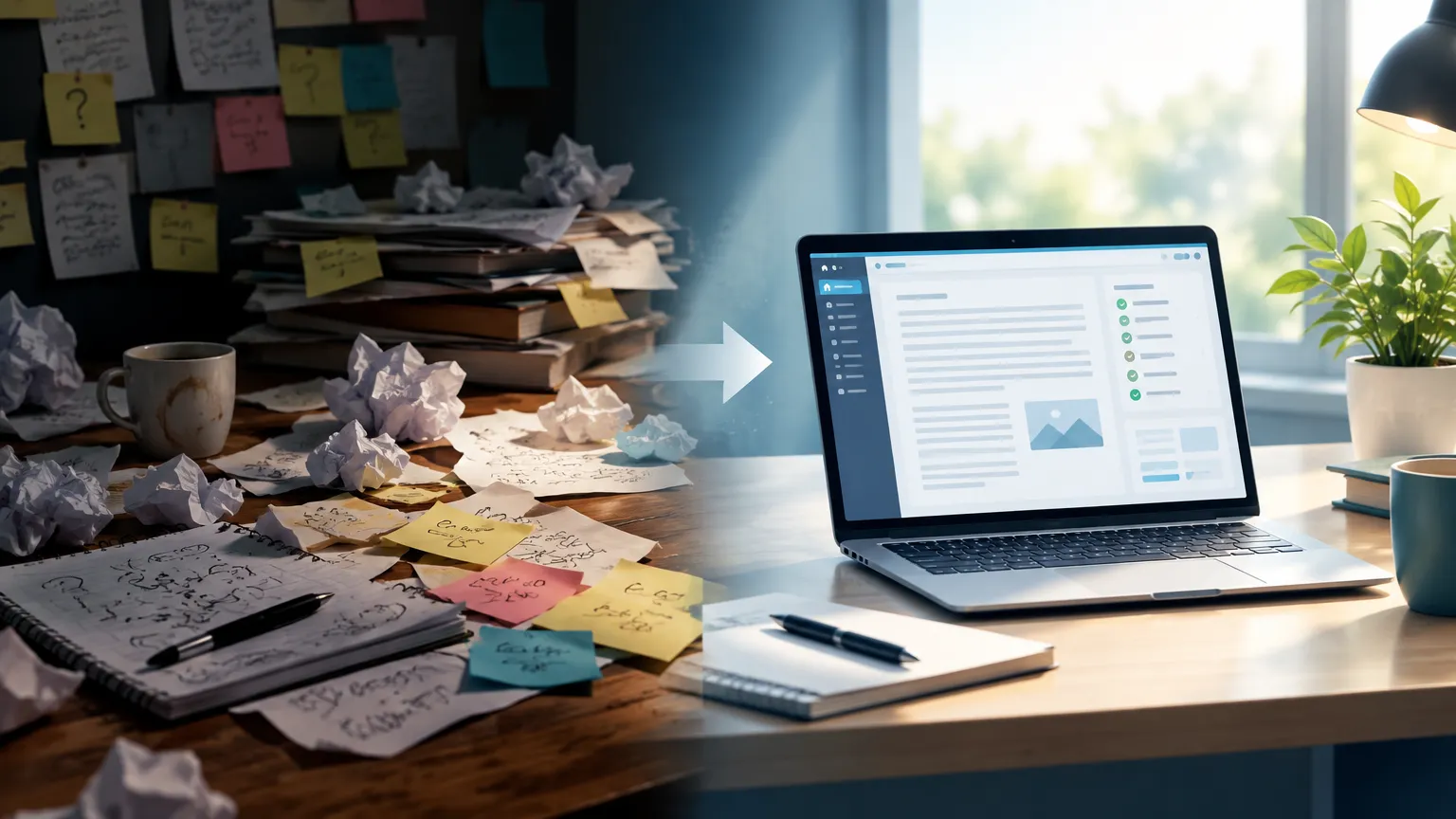 Links liegt ein chaotischer Schreibtisch mit handschriftlichen Notizen und Papierknäueln, rechts steht ein Laptop mit übersichtlicher Redaktionsoberfläche, getrennt durch einen…