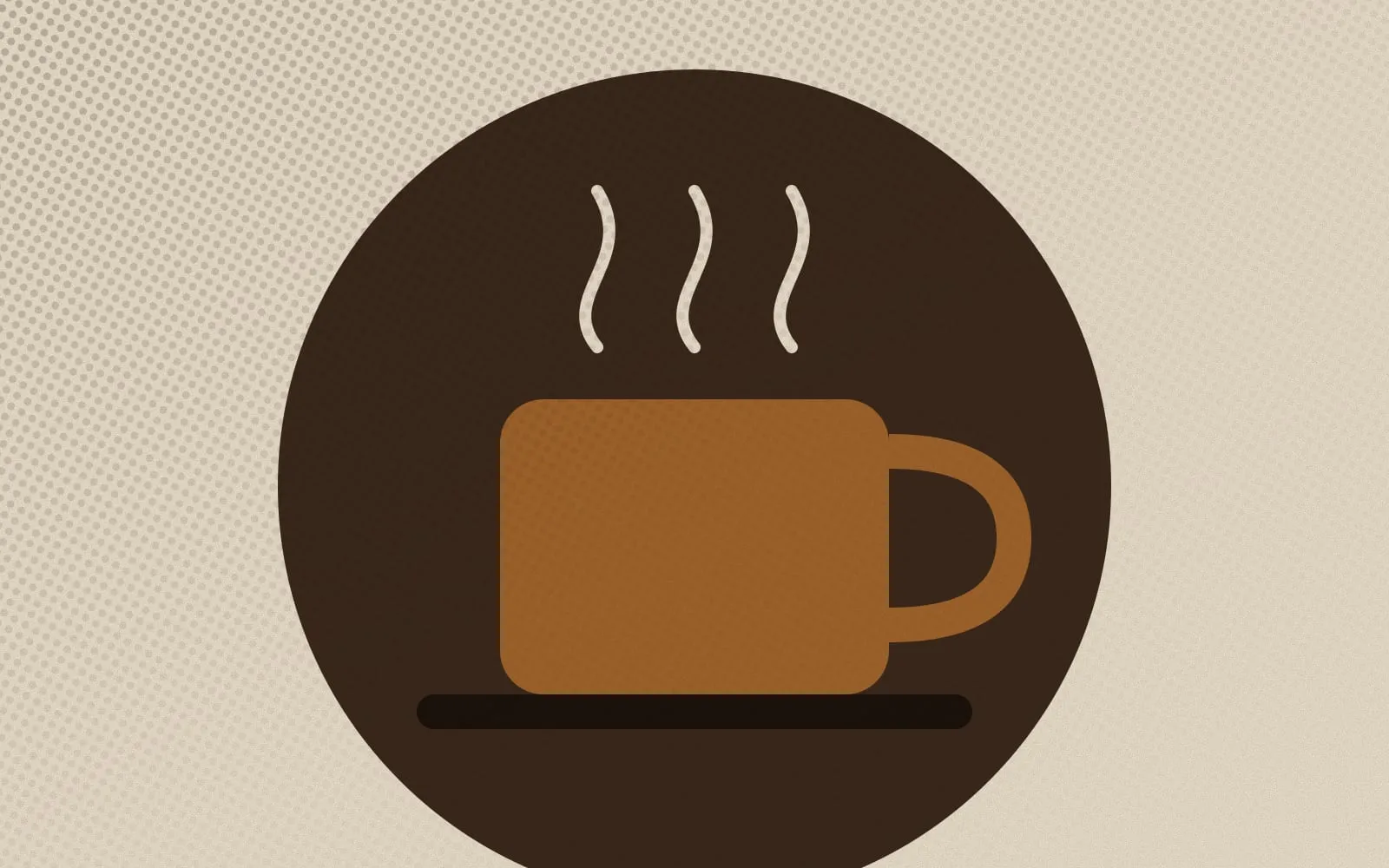 Grafische Kaffeetasse mit Dampf vor einem dunkelbraunen Kreis