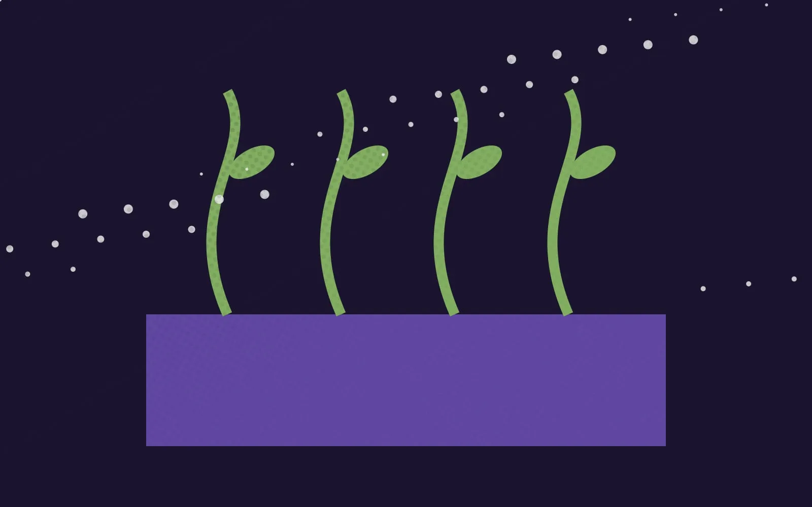 Pflanzen in einem Kasten unter fallendem Schnee, grafisch in Violett und Grün