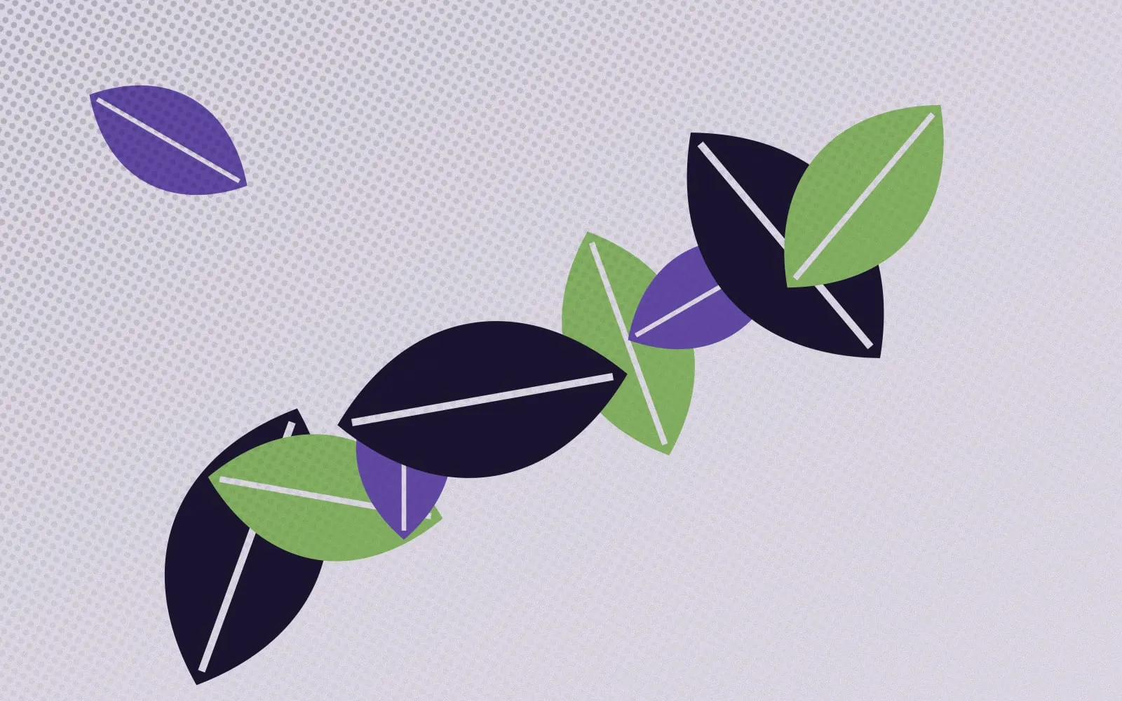 Grafische Blätter in Violett, Grün und Dunkelblau auf hellem Grund
